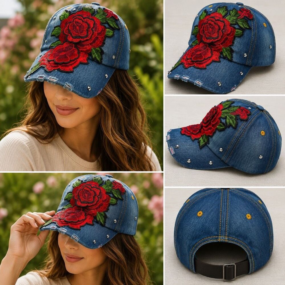 Floral Rose Embroidered Denim Baseball Cap Adjustable Rhinestone Accent Hat